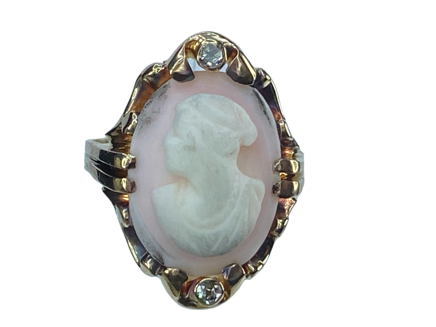 At Deco pink Agate Cameo 0.06ct Old Euro cut Diamond in 14K ring 5g s7.5 JR8134