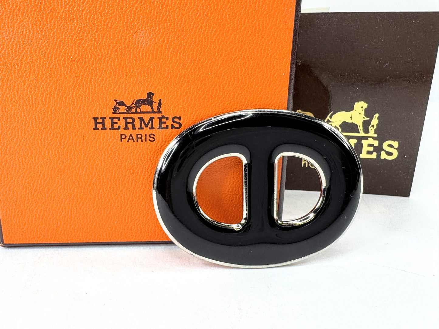 Vintage Hermès Chaîne d’Ancre Black Enamel Palladium Scarf Ring With Box GS870