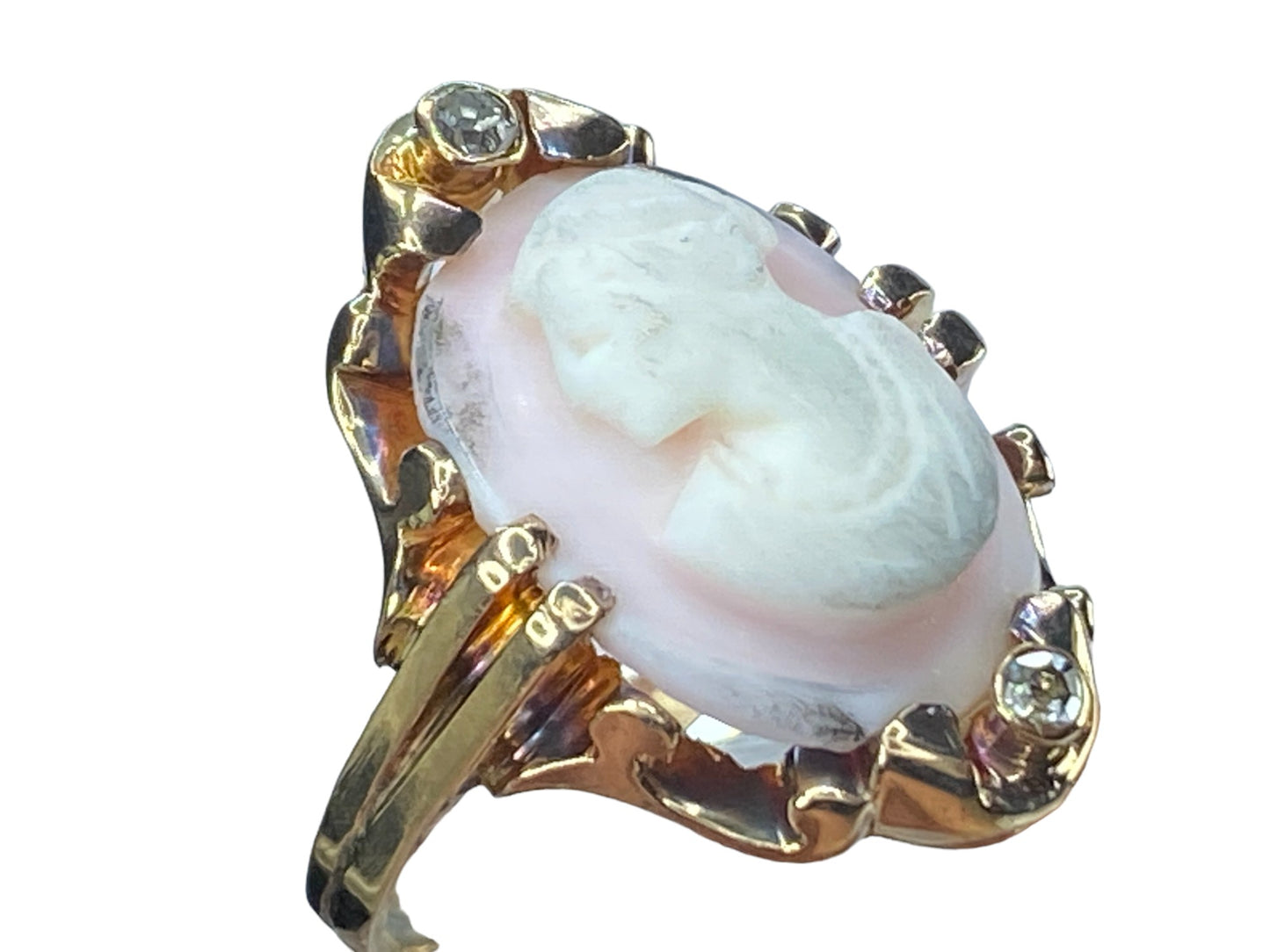 At Deco pink Agate Cameo 0.06ct Old Euro cut Diamond in 14K ring 5g s7.5 JR8134