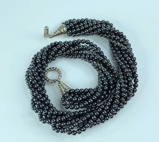 Tiffany & Co Sterling Silver Hematite Bead Torsade Multi Strand Necklace JR149