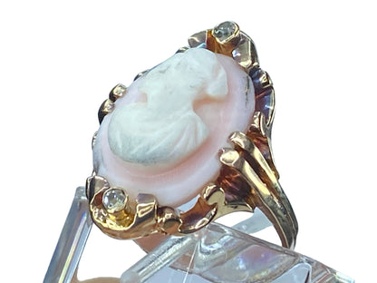 At Deco pink Agate Cameo 0.06ct Old Euro cut Diamond in 14K ring 5g s7.5 JR8134