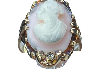 At Deco pink Agate Cameo 0.06ct Old Euro cut Diamond in 14K ring 5g s7.5 JR8134