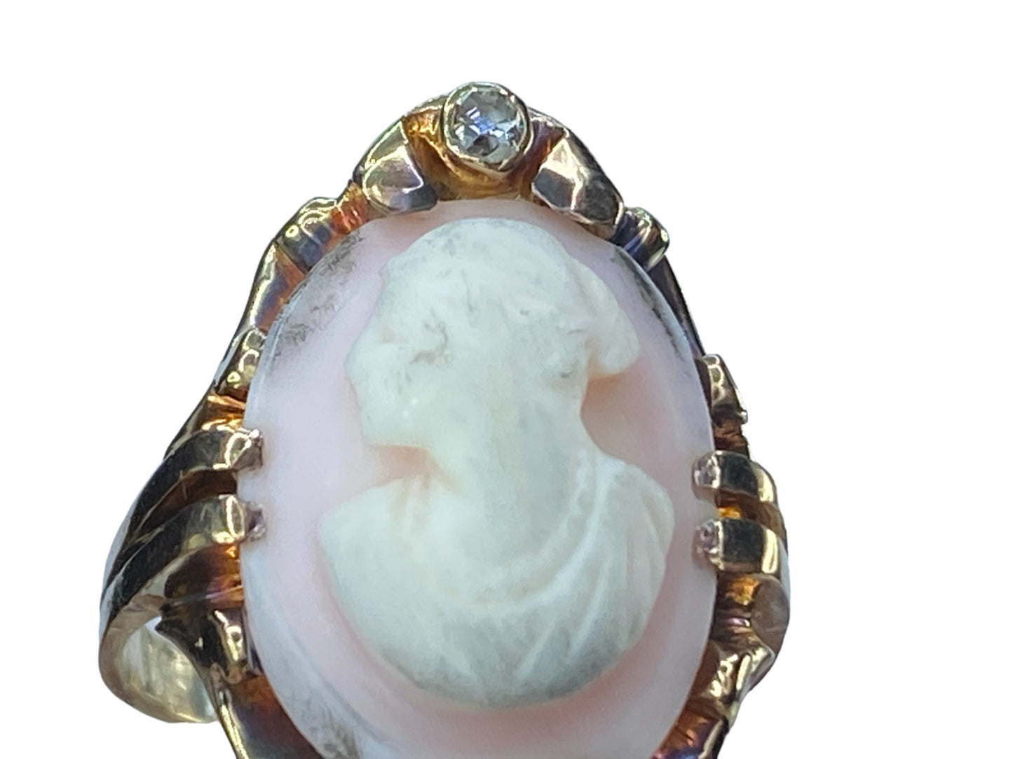 At Deco pink Agate Cameo 0.06ct Old Euro cut Diamond in 14K ring 5g s7.5 JR8134