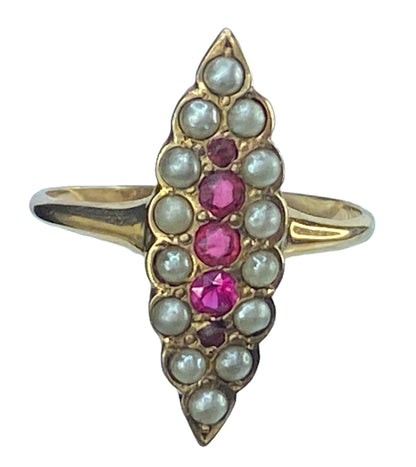 Art Deco 10K yellow gold 0.1ct Ruby Seed Pearl Navette ring