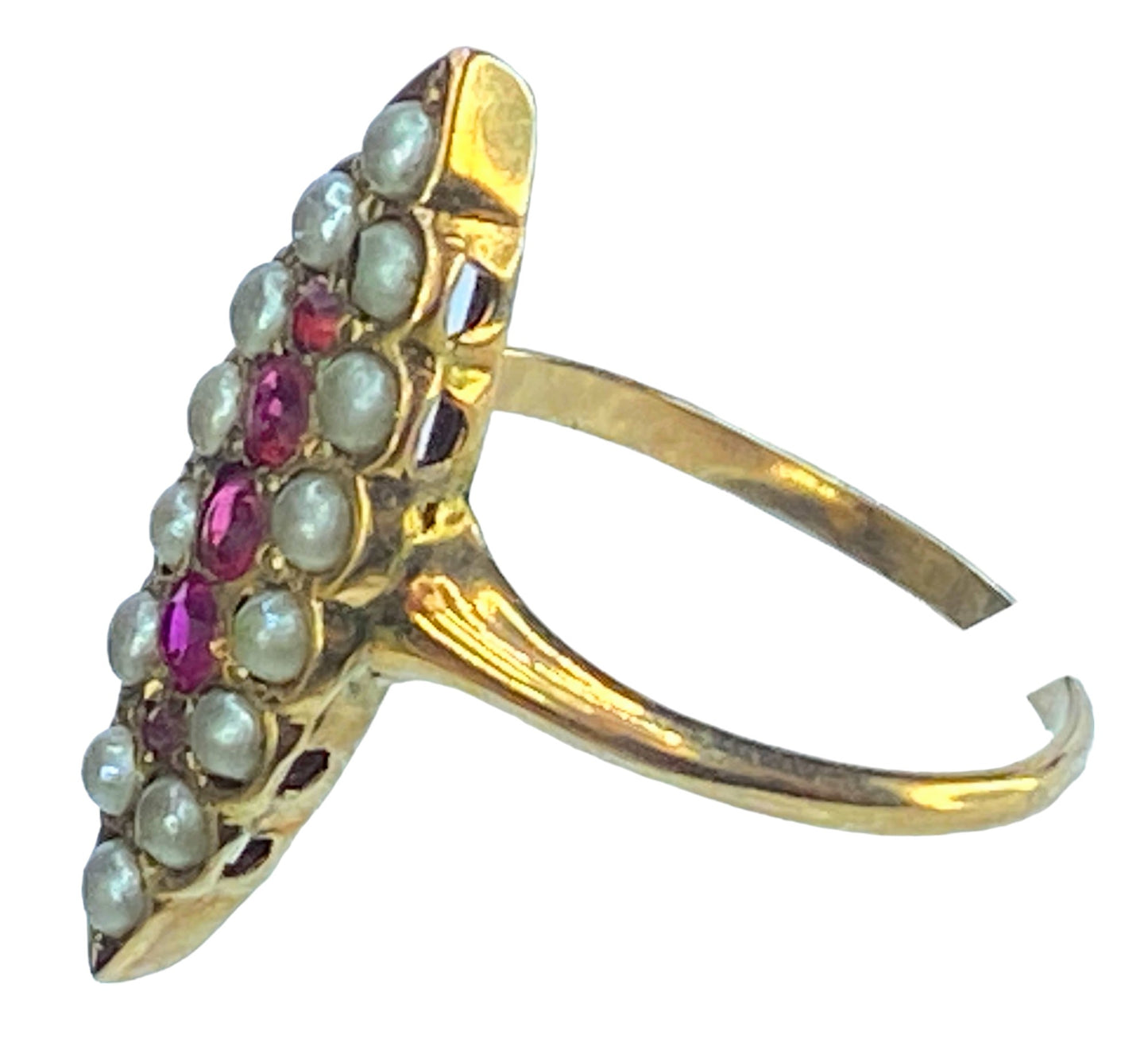 Art Deco 10K yellow gold 0.1ct Ruby Seed Pearl Navette ring