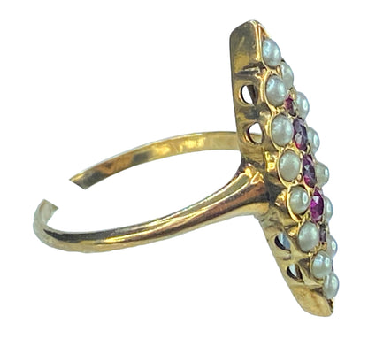 Art Deco 10K yellow gold 0.1ct Ruby Seed Pearl Navette ring