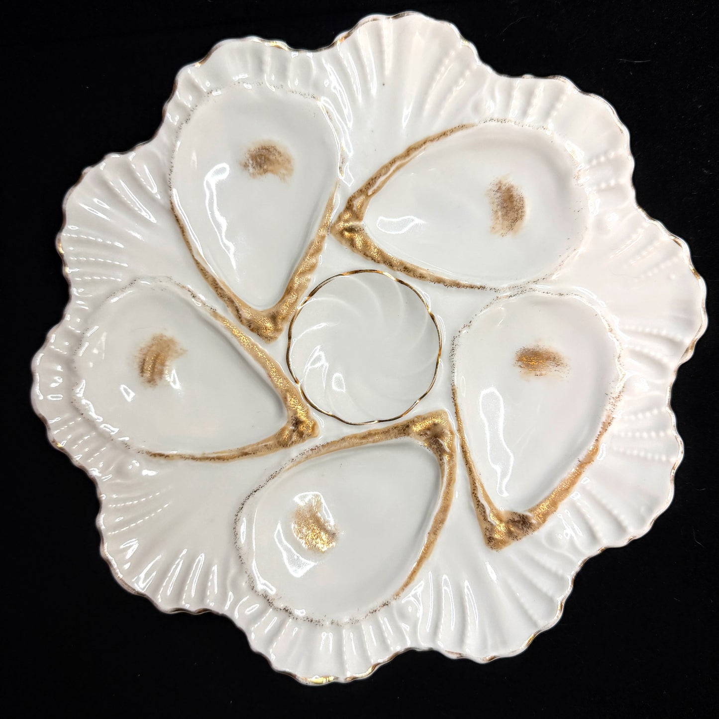 Antique French Porcelain Oyster Plate White Gold Six Wells Scalloped Rim A1133