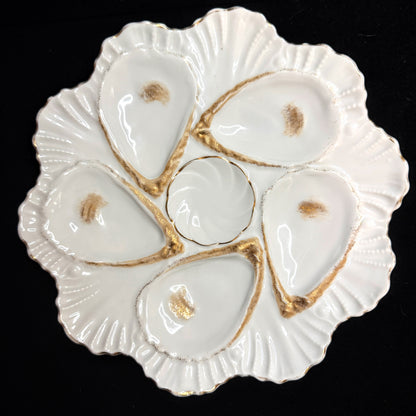 Antique French Porcelain Oyster Plate White Gold Six Wells Scalloped Rim A1133