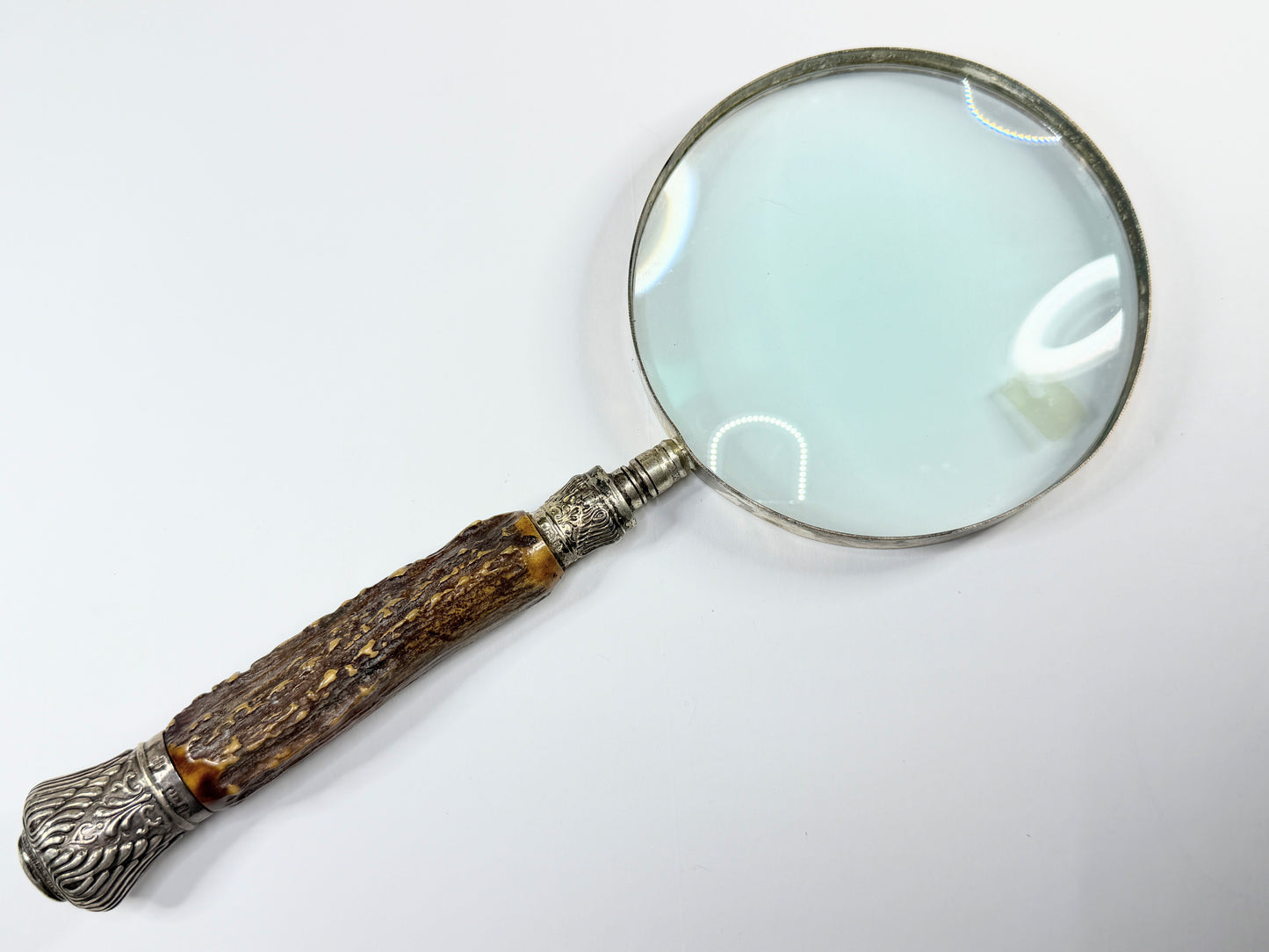 Antique English Sterling Silver and Stag Horn Handheld Magnifying Glass SS178
