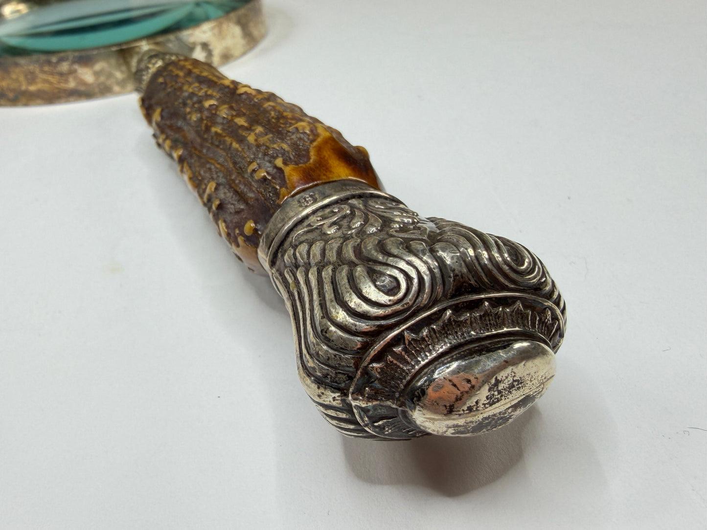 Antique English Sterling Silver and Stag Horn Handheld Magnifying Glass SS178