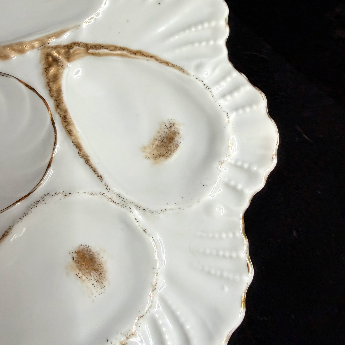 Antique French Porcelain Oyster Plate White Gold Six Wells Scalloped Rim A1133
