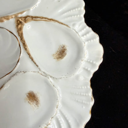 Antique French Porcelain Oyster Plate White Gold Six Wells Scalloped Rim A1133