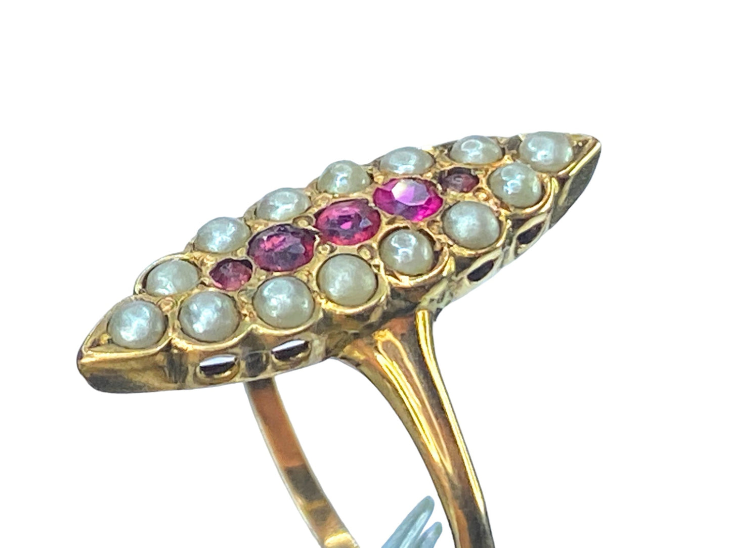 Art Deco 10K yellow gold 0.1ct Ruby Seed Pearl Navette ring