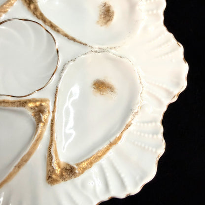 Antique French Porcelain Oyster Plate White Gold Six Wells Scalloped Rim A1133