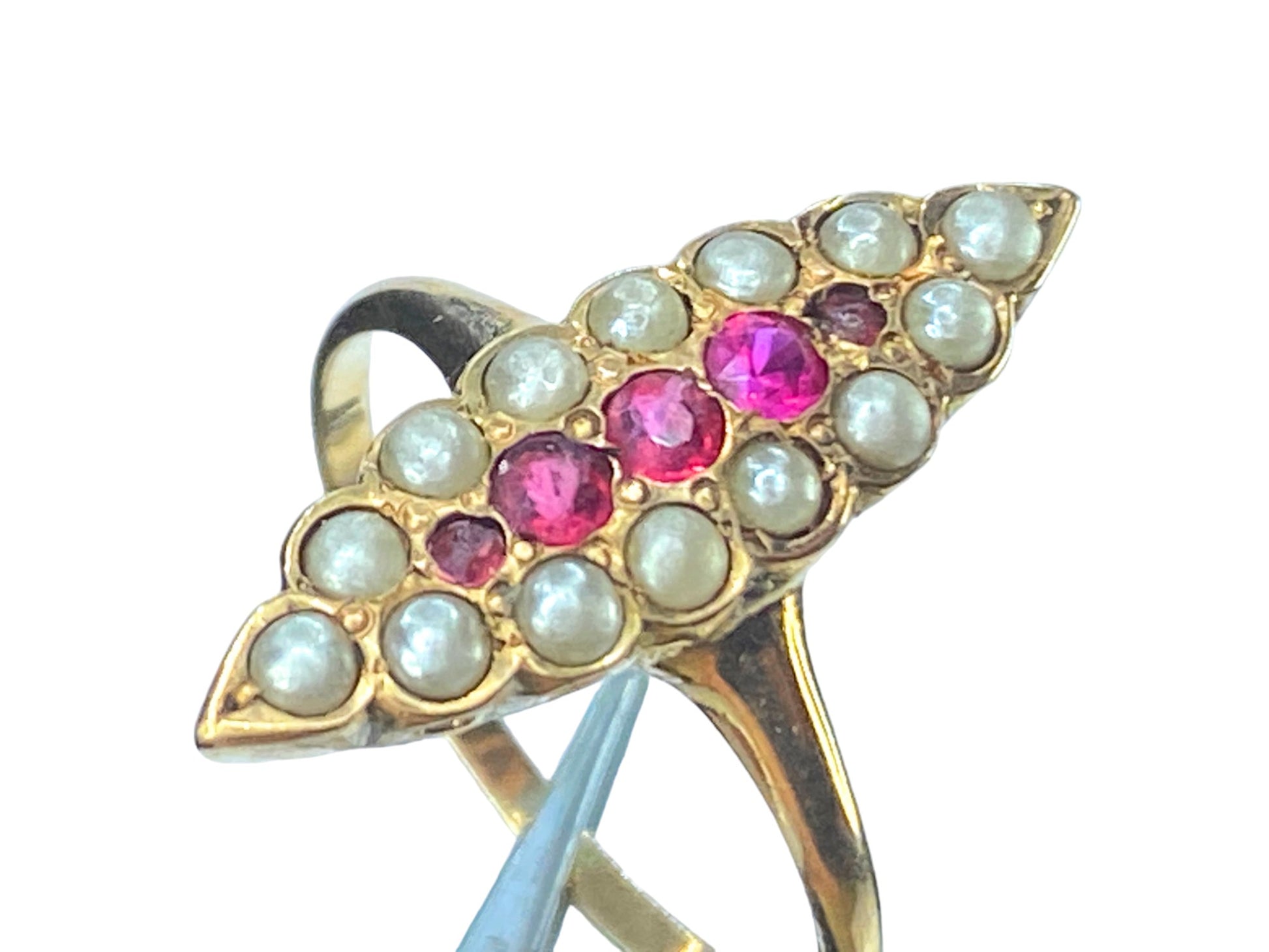 Art Deco 10K yellow gold 0.1ct Ruby Seed Pearl Navette ring