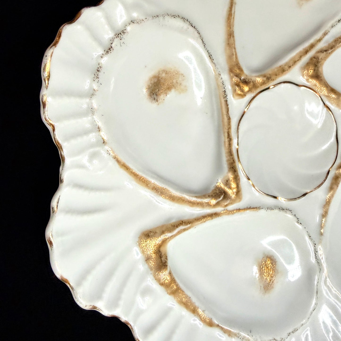 Antique French Porcelain Oyster Plate White Gold Six Wells Scalloped Rim A1133
