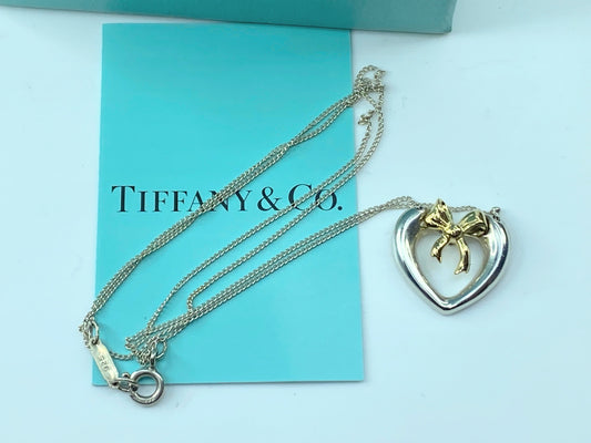 Tiffany & Co Sterling Silver 18K Yellow Gold Heart Ribbon Pendant Necklace JR151