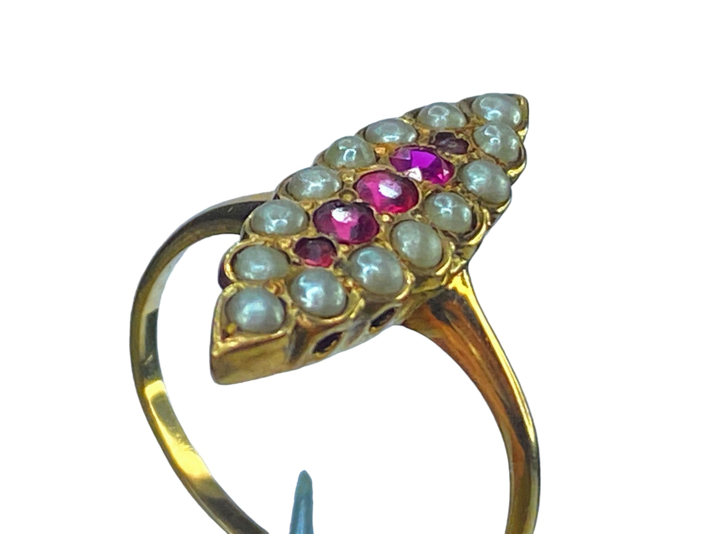 Art Deco 10K yellow gold 0.1ct Ruby Seed Pearl Navette ring