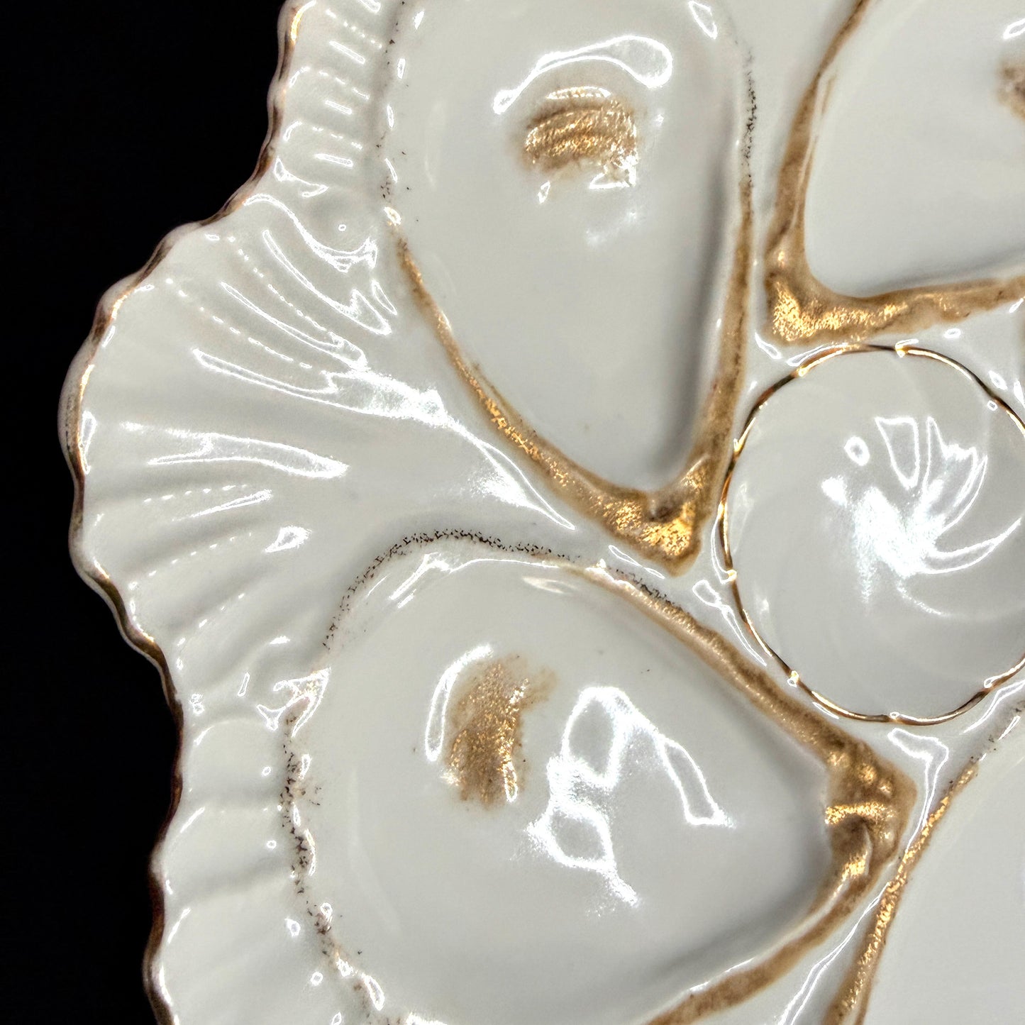 Antique French Porcelain Oyster Plate White Gold Six Wells Scalloped Rim A1133