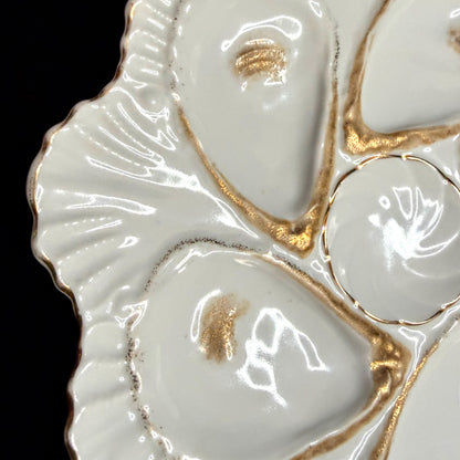 Antique French Porcelain Oyster Plate White Gold Six Wells Scalloped Rim A1133