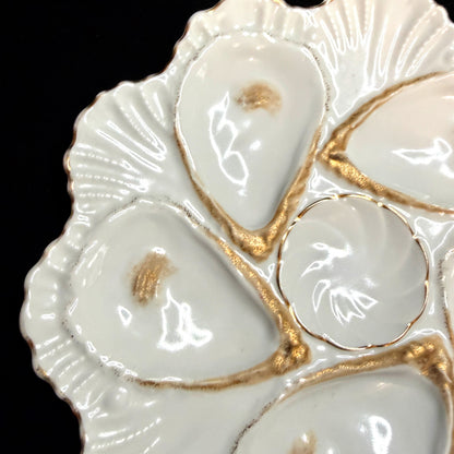 Antique French Porcelain Oyster Plate White Gold Six Wells Scalloped Rim A1133