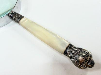 Antique English Mother-of-Pearl and Sterling Handheld Magnifying Glass SS179