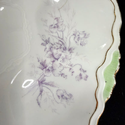 Antique French Porcelain Oyster Plate Lavender Floral Green Relief Gold A1134