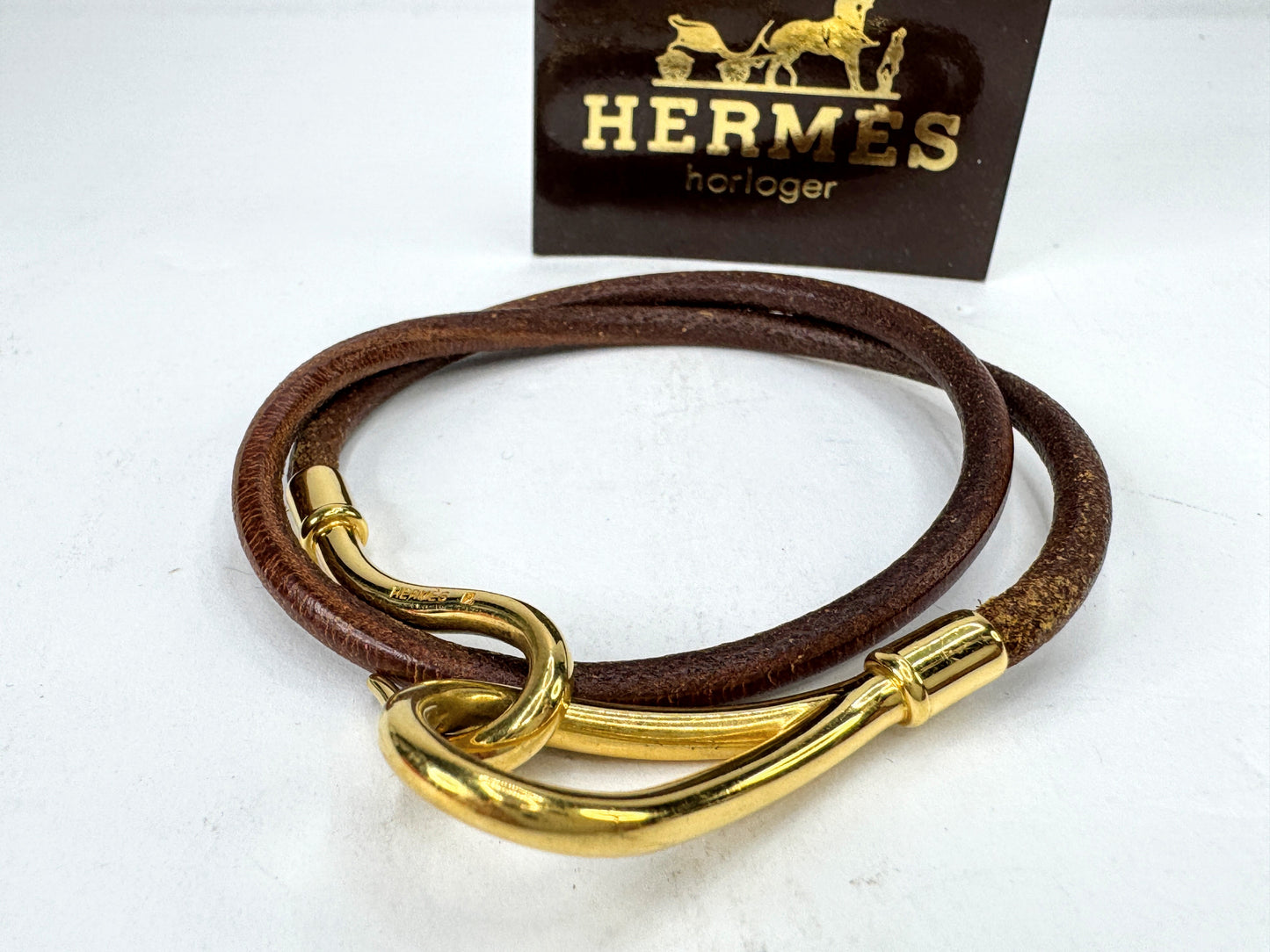 Vintage Hermès Jumbo Hook Double Tour Brown Leather Bracelet Gold Tone GS873