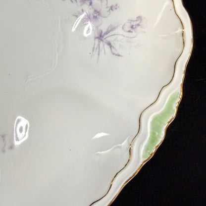 Antique French Porcelain Oyster Plate Lavender Floral Green Relief Gold A1134