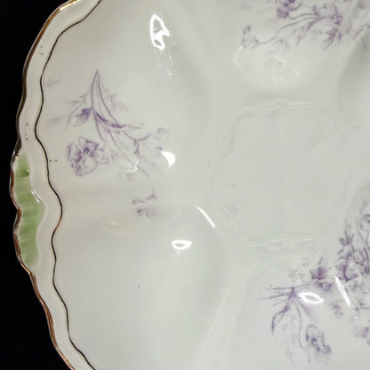 Antique French Porcelain Oyster Plate Lavender Floral Green Relief Gold A1134