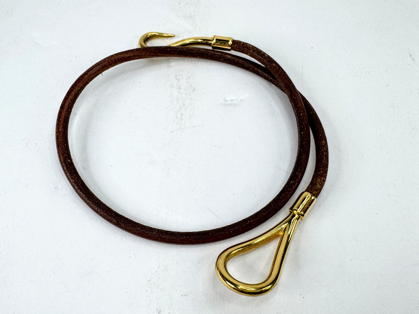 Vintage Hermès Jumbo Hook Double Tour Brown Leather Bracelet Gold Tone GS873