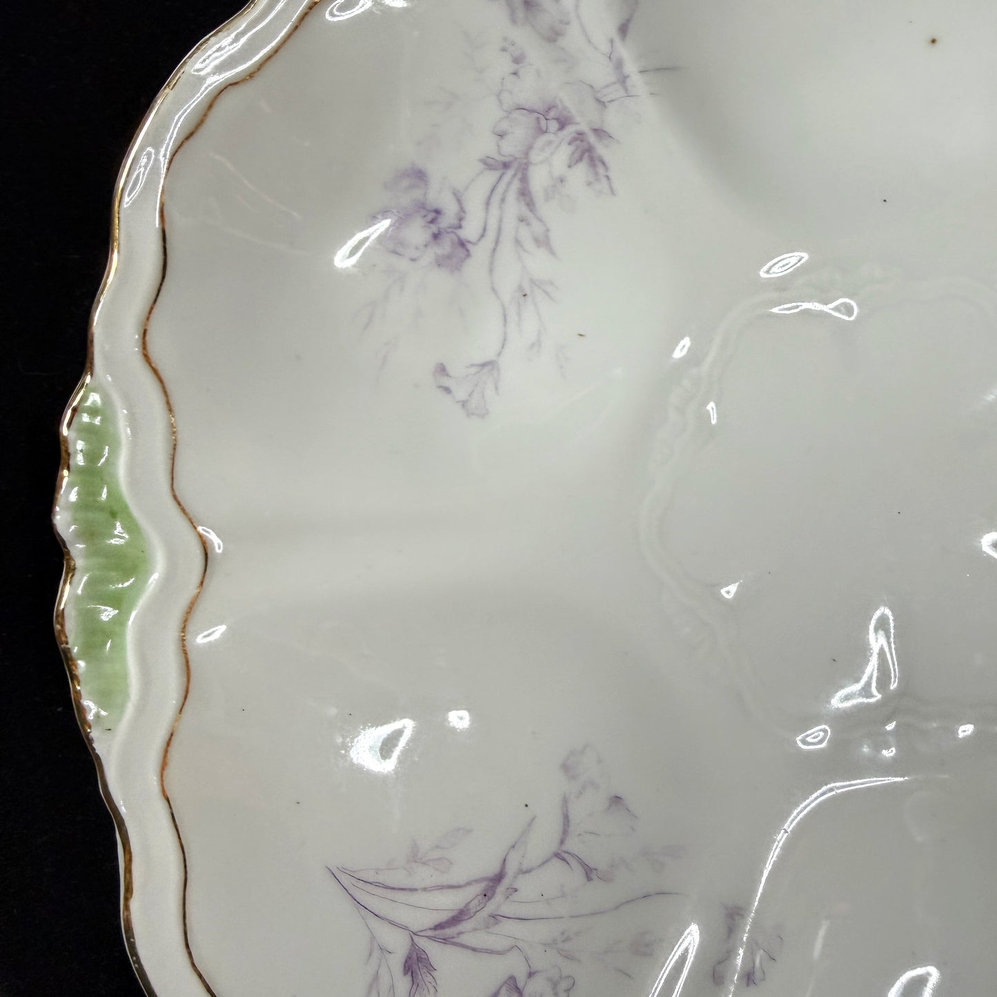 Antique French Porcelain Oyster Plate Lavender Floral Green Relief Gold A1134