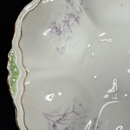 Antique French Porcelain Oyster Plate Lavender Floral Green Relief Gold A1134