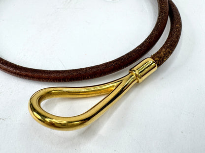 Vintage Hermès Jumbo Hook Double Tour Brown Leather Bracelet Gold Tone GS873