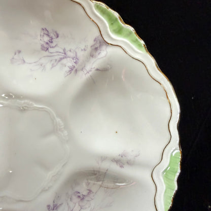 Antique French Porcelain Oyster Plate Lavender Floral Green Relief Gold A1134