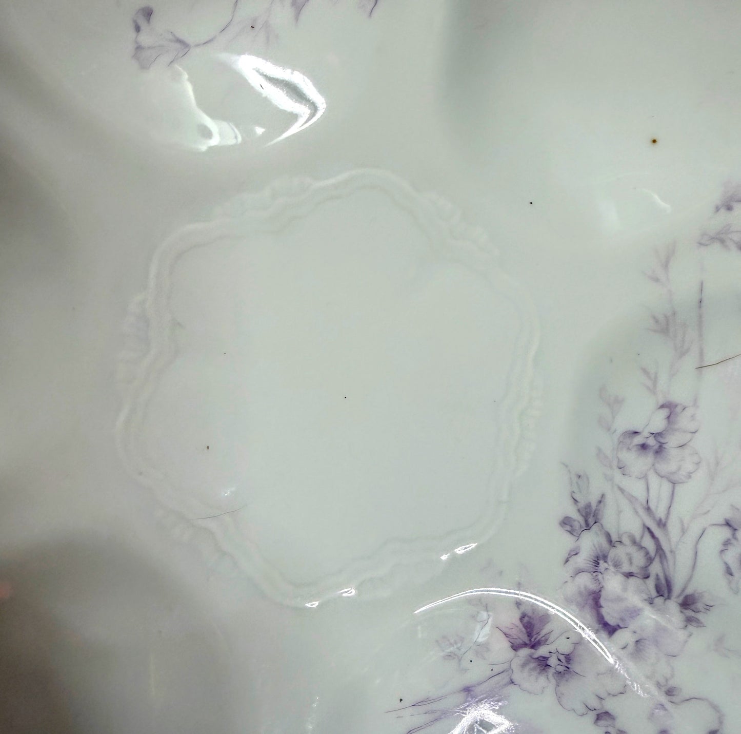 Antique French Porcelain Oyster Plate Lavender Floral Green Relief Gold A1134
