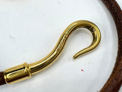 Vintage Hermès Jumbo Hook Double Tour Brown Leather Bracelet Gold Tone GS873