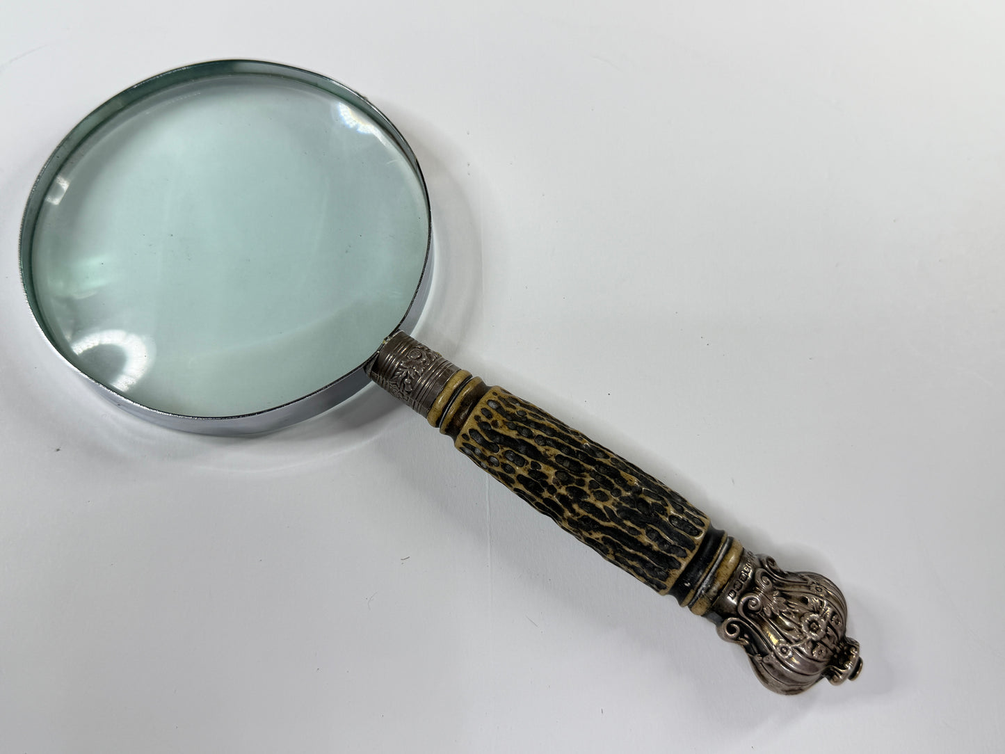 Antique English Stag Handle Magnifying Glass Sterling Silver 4in Lens Desk SS181