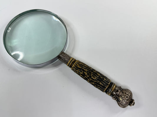 Antique English Stag Handle Magnifying Glass Sterling Silver 4in Lens Desk SS181