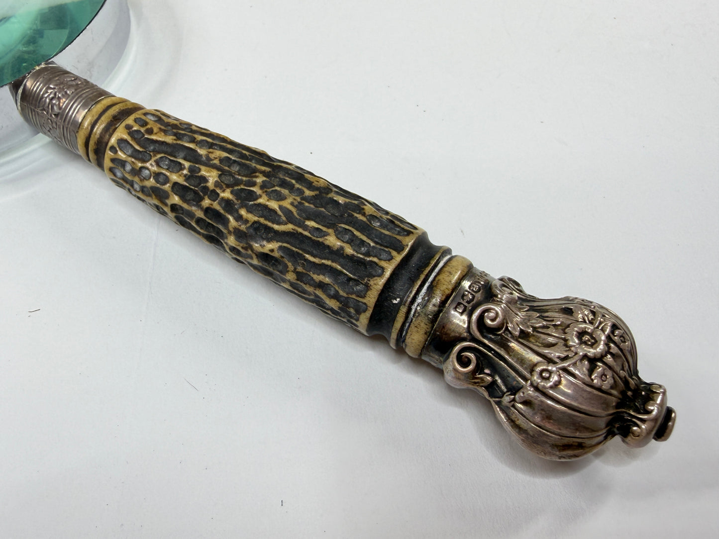 Antique English Stag Handle Magnifying Glass Sterling Silver 4in Lens Desk SS181