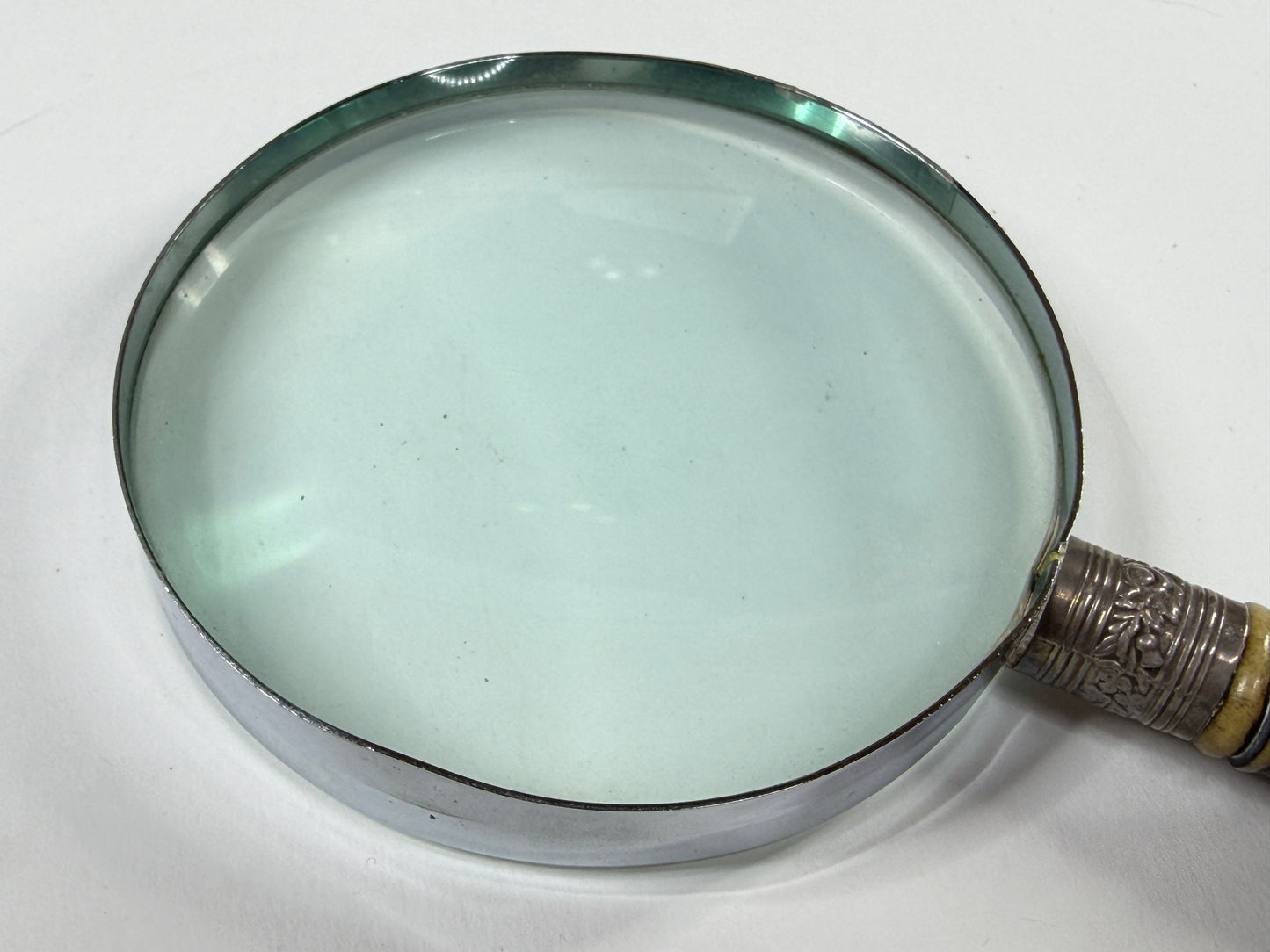 Antique English Stag Handle Magnifying Glass Sterling Silver 4in Lens Desk SS181