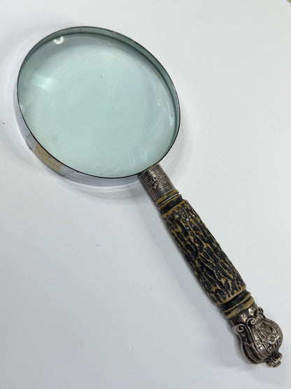 Antique English Stag Handle Magnifying Glass Sterling Silver 4in Lens Desk SS181