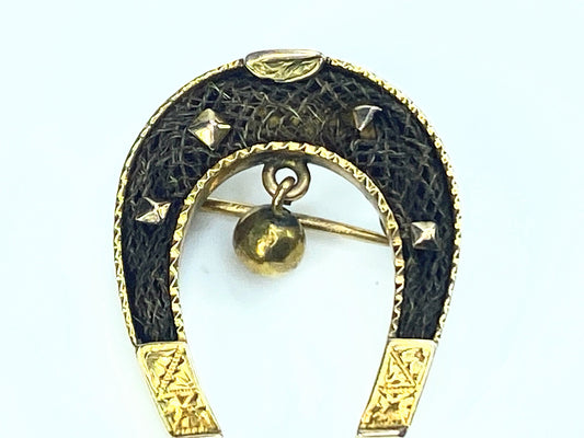 Antique horseshoe brooch woven inlay horsehair dangle bell brooch 15K JR9018