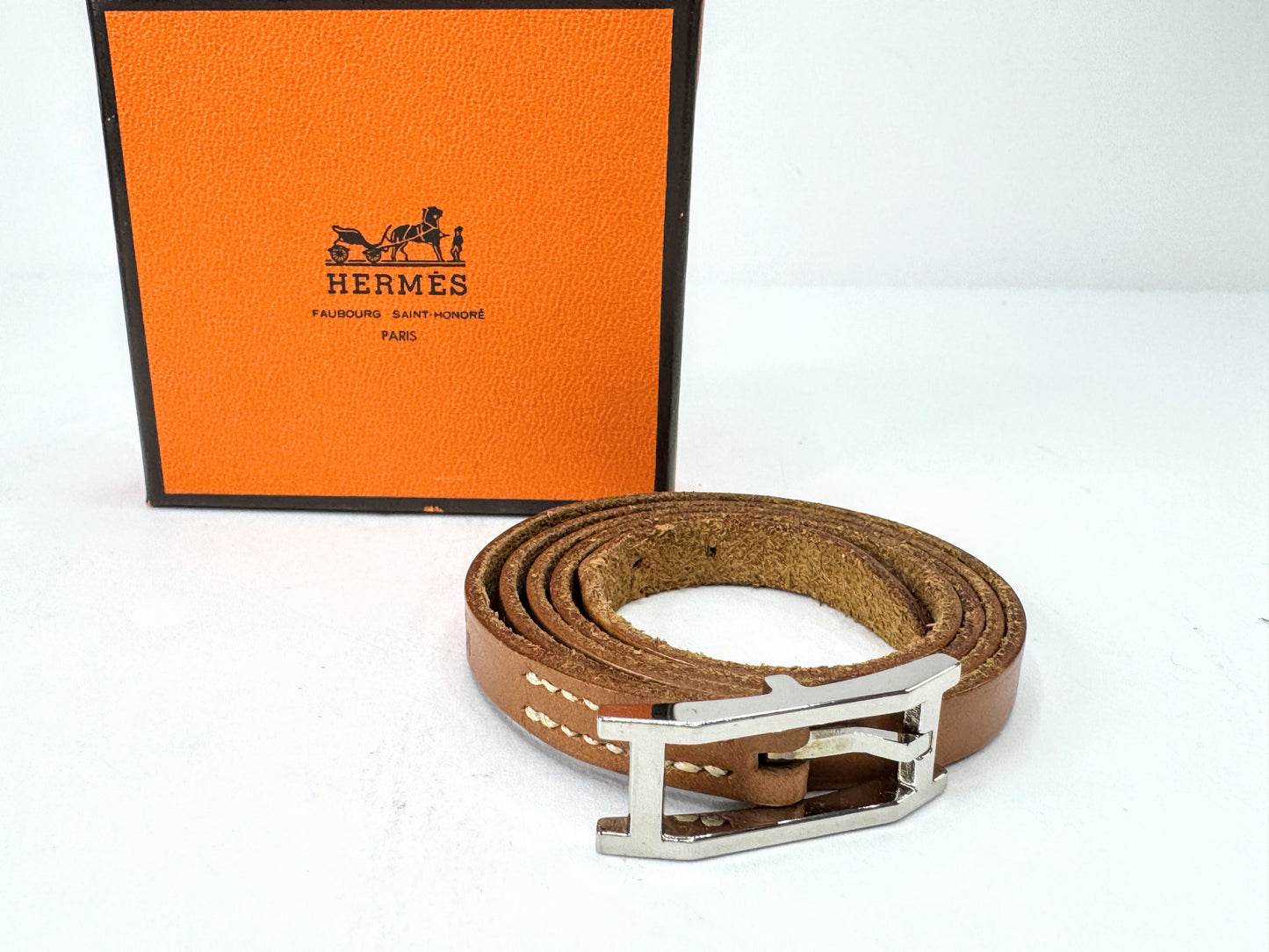 Vintage Hermès H Buckle Narrow Brown Leather Wrap Belt With Box 27" GS875