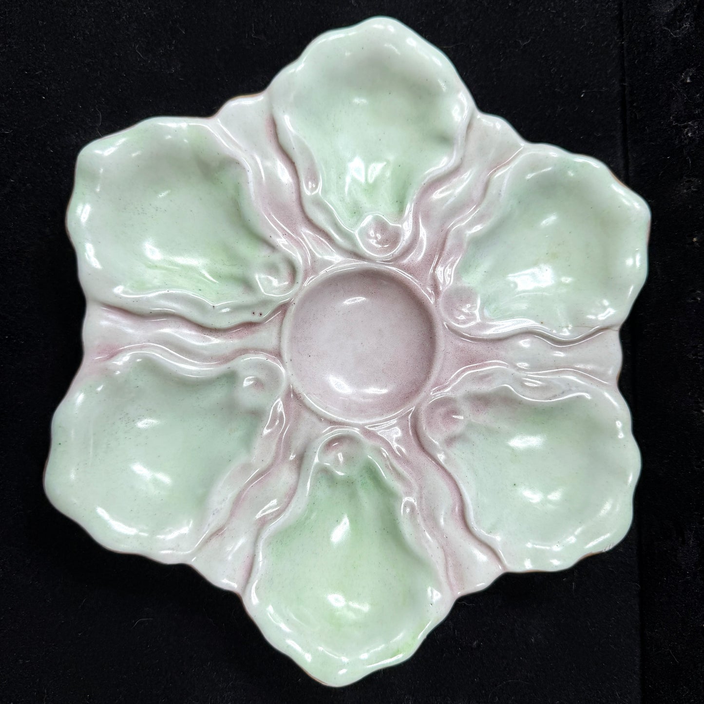 Antique French Majolica Pastel Pink Green Six-Well Oyster Plate Unmarked A1136