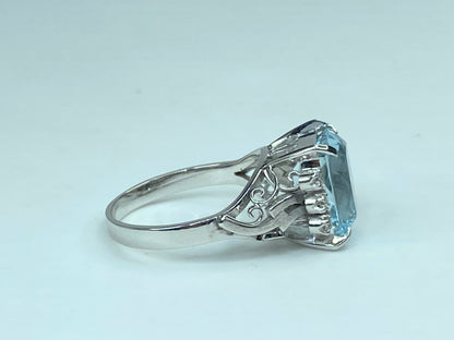 Vintage 1960's 5.88ct Cushion Cut Aquamarine Ring with Diamonds in 18K JR604