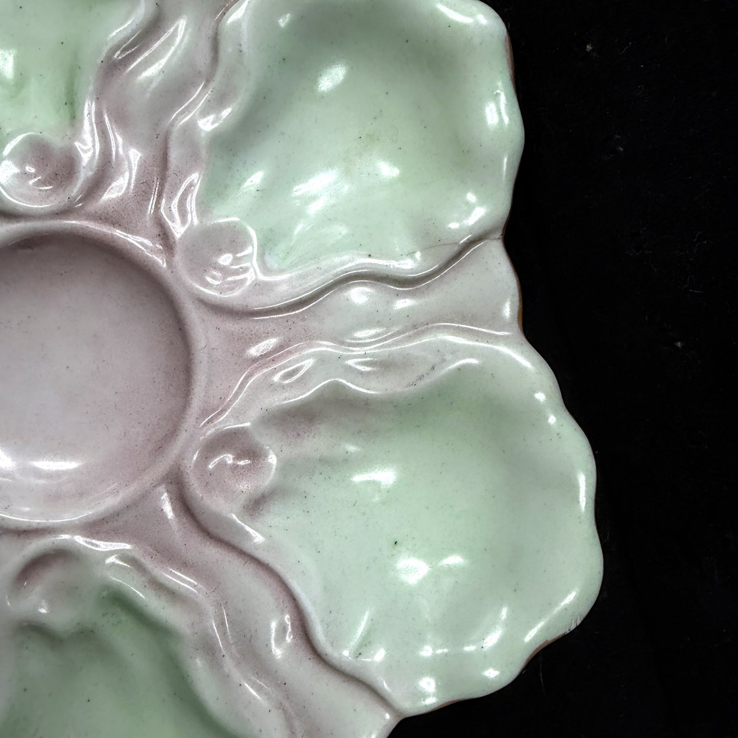Antique French Majolica Pastel Pink Green Six-Well Oyster Plate Unmarked A1136
