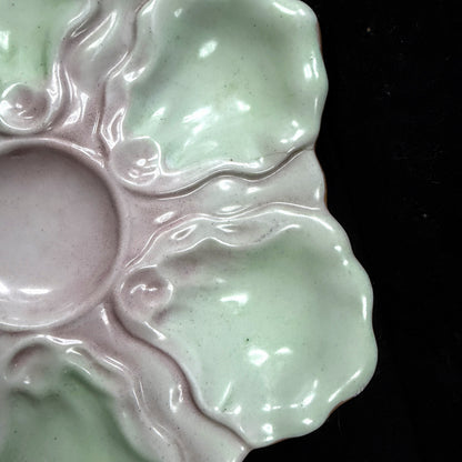 Antique French Majolica Pastel Pink Green Six-Well Oyster Plate Unmarked A1136