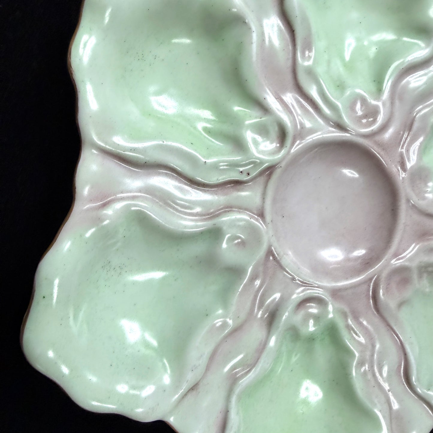Antique French Majolica Pastel Pink Green Six-Well Oyster Plate Unmarked A1136