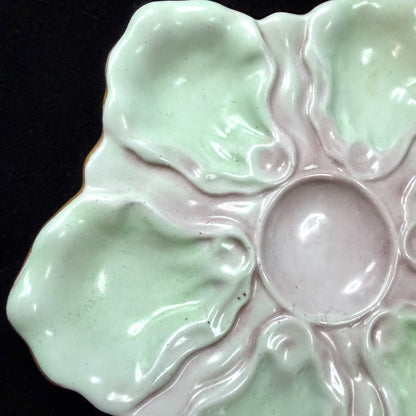 Antique French Majolica Pastel Pink Green Six-Well Oyster Plate Unmarked A1136